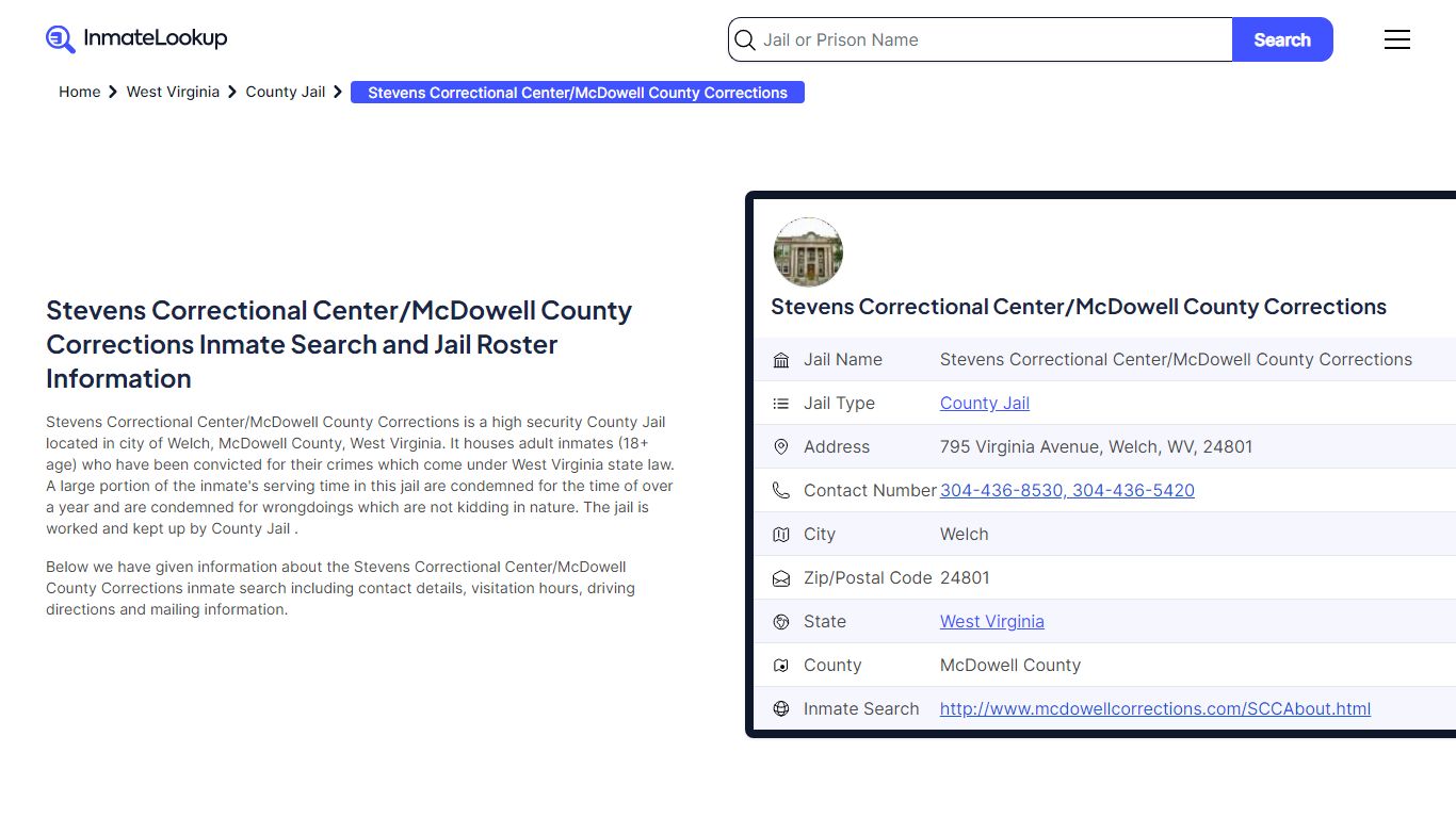 Stevens Correctional Center/McDowell County Corrections Inmate Search ...