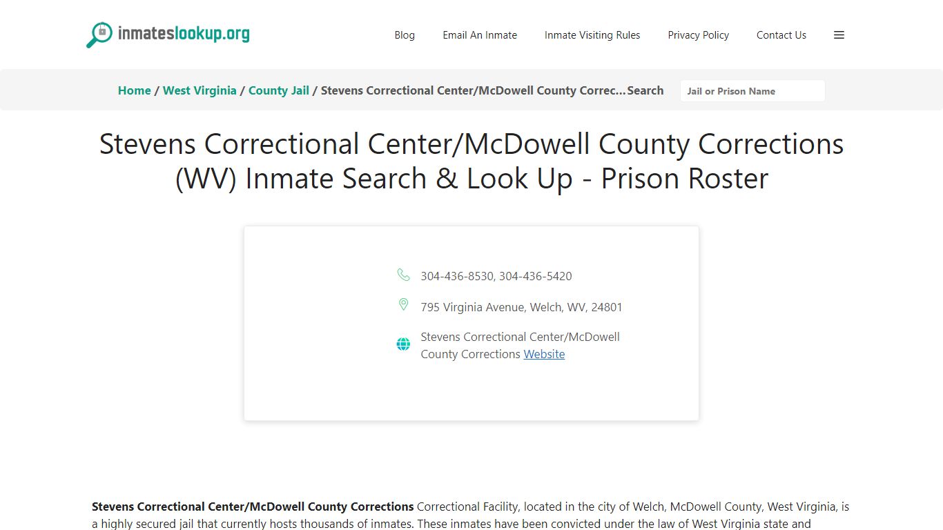 Stevens Correctional Center/McDowell County Corrections (WV) Inmate ...